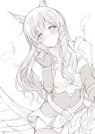  belt blush breastplate feathers fingerless_gloves fire_emblem fire_emblem:_kakusei gloves greyscale hair_ornament jiino long_hair monochrome pegasus pegasus_knight riding shoulder_armor sidelocks simple_background solo sumia white_background wing_hair_ornament 