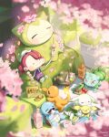  1girl alternate_form bento blush blush_stickers bottle brown_hair bulbasaur charmander cherry_blossoms closed_eyes closed_mouth commentary cup dango droopy_ears english_commentary fangs female_protagonist_(pokemon_pokopia) fire flame-tipped_tail flower flower_on_head food hat highres hoishere7 holding juice moss mosslax onigiri open_mouth pants peakychu pichu pikachu plant pokemon pokemon_(creature) pokemon_focus pokemon_pokopia purple_shirt red_eyes sanshoku_dango shirt shoes short_sleeves smile snorlax solid_circle_eyes squirtle tail teacup twintails vines wagashi white_hat yellow_shoes 