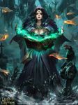 artist_name bird black_hair book breasts cape circlet cleavage copyright_name dress earrings facial_mark fire ghost green_eyes helmet highres hood jewelry legend_of_the_cryptids liang_xing long_hair magic nail_polish official_art paper raven_(animal) shield tree watermark web_address 
