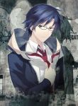  1boy black_jacket blue_eyes blue_hair chaos;child collared_shirt glasses hair_between_eyes hekiho_academy_school_uniform highres jacket long_sleeves miyashiro_takuru necktie official_art open_collar red_necktie sasaki_mutsumi school_uniform science_adventure serious shirt short_hair sumo_sticker_(chaos;child) white_shirt 