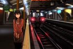  akagi_(kantai_collection) alternate_costume bag black_hair clock closed_eyes commentary_request handbag japanese_clothes jewelry kantai_collection lights long_sleeves railroad_tracks ring smile solo stairs subway_station vi3r6ein 