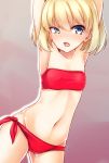  armpits arms_up bangs bikini blonde_hair blue_eyes blush breasts cowboy_shot dutch_angle eyebrows_visible_through_hair fang girls_und_panzer gradient gradient_background half-closed_eye highres katyusha light_frown looking_at_viewer navel open_mouth red_bikini short_hair side-tie_bikini skindentation small_breasts solo standing strapless strapless_bikini swimsuit tearing_up tukiyofree 