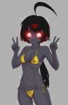  1girl ^^^ ahoge armpits bikini black_hair black_skin blush breasts closed_mouth collarbone colored_skin commentary cowboy_shot double_v droopy_ears embarrassed english_commentary eyelashes glowing glowing_eyes gold_bikini grey_background groin halterneck hands_up highres horizontal_pupils long_hair looking_at_viewer medium_breasts mole mole_on_breast navel nervous nervous_sweating original paid_reward_available pointy_ears raised_eyebrows red_eyes red_light side-tie_bikini_bottom simple_background smile solo standing string_bikini suweeka sweat swimsuit third_eye underlighting v vermell_(suweeka) very_long_hair very_sweaty w_arms wavy_mouth 