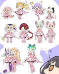 6+girls abigail_williams_(fate) ahoge animal_ears antlers aqua_hair bandaid bandaid_on_face bandaid_on_forehead beni-enma black_hair blonde_hair blush bob_cut boots commentary_request cosplay daikokuten_(fate) dark_skin dress fate/grand_order fate_(series) gloves green_hair habetrot_(fate) highres horns ibuki_douji_(fate) ibuki_douji_(first_ascension)_(fate) illyasviel_von_einzbern kazuradrop_(fate) lamia long_hair louhi_(fate) low_ponytail magical_ruby miyu_edelfelt monster_girl mouse_ears multiple_girls naucrate_(fate) paul_bunyan_(fate) pink_dress pink_hair ponytail prisma_illya prisma_illya_(cosplay) purple_hair red_hair rengoku_(fate) shrugging smile speech_bubble thigh_boots thought_bubble two_side_up white_gloves white_hair yunji 