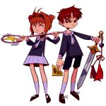  1boy 1girl brown_eyes brown_hair cardcaptor_sakura green_eyes highres holding holding_sword holding_wand holding_weapon kinomoto_sakura li_syaoran poroshya school_uniform short_hair sword wand weapon white_background 