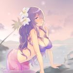  artist_name bikini breasts camilla_(fire_emblem_if) cleavage closed_mouth cloud commentary fire_emblem fire_emblem_heroes fire_emblem_if flower hair_flower hair_ornament hair_over_one_eye large_breasts lips long_hair magical_ondine palm_tree purple_eyes purple_hair sarong see-through sidelocks sky solo swimsuit tree water 