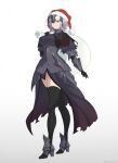  1girl armor armored_boots armored_dress bag black_cape black_gloves black_thighhighs boobplate boots breasts cape capelet chain christmas closed_mouth commentary dress empty_eyes english_commentary eyelashes fate/grand_order fate_(series) full_body fur-trimmed_headwear fur_trim gauntlets gift_bag gloves grey_armor grey_hair hair_between_eyes hand_up hat headpiece highres holding holding_bag jeanne_d'arc_alter_(avenger)_(fate) jeanne_d'arc_alter_(fate) large_breasts looking_at_viewer pom_pom_(clothes) red_hat santa_hat short_hair simple_background smile solo standing thighhighs thorn_(kmconceptart) torn_capelet torn_clothes v-shaped_eyebrows white_background white_bag yellow_eyes zettai_ryouiki 
