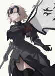  1girl ahoge armor armored_dress battle_standard black_armor black_capelet black_dress black_gloves black_thighhighs blonde_hair boobplate breasts capelet chain cowboy_shot dress english_commentary fate/grand_order fate_(series) flag floating_hair gauntlets gloves hair_between_eyes headpiece highres holding holding_flag jeanne_d'arc_alter_(avenger)_(fate) jeanne_d'arc_alter_(fate) large_breasts long_dress long_sleeves looking_to_the_side pale_skin short_hair simple_background smile solo standing teeth thighhighs thighs thorn_(kmconceptart) torn_capelet torn_clothes v-shaped_eyebrows war_flag white_background yellow_eyes zettai_ryouiki 