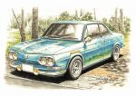  blue_car car colored_pencil_(medium) commentary_request dated day highres hino_(brand) hino_contessa motor_vehicle no_humans original outdoors shadow shin_iroenpitsu signature traditional_media tree tree_shade vehicle_focus 