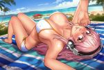  absurdres barefoot beach beach_towel bikini blush breasts cleavage commentary commission covered_nipples day dutch_angle english_commentary foreshortening headphones highres large_breasts lips long_hair looking_at_viewer lying mathias_leth nitroplus ocean on_back pink_eyes pink_hair pool side-tie_bikini solo super_sonico swimsuit towel white_bikini 