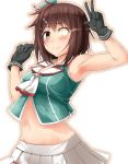  alternate_costume armpits beret black_gloves blush breasts brown_eyes brown_hair closed_mouth commentary_request cosplay eyebrows_visible_through_hair furutaka_(kantai_collection) gloves glowing glowing_eye groin hair_between_eyes hat heterochromia kantai_collection looking_at_viewer maya_(kantai_collection) maya_(kantai_collection)_(cosplay) medium_breasts midriff miniskirt namae_hamada navel remodel_(kantai_collection) short_hair simple_background skirt sleeveless smile solo white_background yellow_eyes 