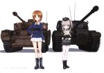  absurdres black_footwear black_hat black_ribbon black_skirt blue_jacket boko_(girls_und_panzer) boots brown_eyes brown_hair centurion_(tank) copyright_name eyebrows_visible_through_hair full_body girls_und_panzer grey_jacket ground_vehicle hair_ribbon hand_on_hip hat highres holding holding_stuffed_animal jacket light_brown_hair long_hair looking_at_viewer military military_vehicle miniskirt motor_vehicle multiple_girls nishizumi_miho official_art ooarai_military_uniform page_number panzerkampfwagen_iv pleated_skirt ribbon selection_university_military_uniform shimada_arisu short_hair side_ponytail skirt smile standing stuffed_animal stuffed_toy tank teddy_bear white_background white_skirt yoshida_nobuyoshi 