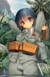  absurdres belt black_eyes black_hair blush eyebrows_visible_through_hair highres imperial_japanese_army jungle military military_uniform nature original outdoors partially_submerged pouch samazuka_mashiro shoes_removed short_hair solo uniform 