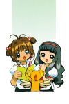  2girls absurdres blue_eyes brown_hair cardcaptor_sakura daidouji_tomoyo green_eyes hairband highres kero_(cardcaptor_sakura) kinomoto_sakura multiple_girls official_art open_mouth pink_hairband school_uniform third-party_source tomoeda_elementary_school_uniform 