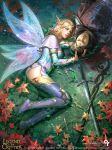  1girl artist_name black_hair blonde_hair boots copyright_name crown crying faceless faceless_male fairy_wings fish flower green_eyes hair_flower hair_ornament highres leaf legend_of_the_cryptids liang_xing long_hair official_art pointy_ears sparkle sword tiara water watermark weapon web_address wings 