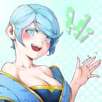  blue_eyes blue_hair blush breasts cleavage collarbone large_breasts league_of_legends lolboja open_mouth short_hair sona_buvelle 
