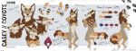 2024 5_fingers accessory anthro bandanna_on_tail barcode bedroom_eyes brown_body brown_fur canid canine canis casey_coyote_(ctahrpoe) coyote crossed_arms ctahrpoe dewclaw digital_media_(artwork) digitigrade dipstick_tail english_text fingers flat_colors fluffy fluffy_chest footprint fur furgonomics grey_body grey_fur halo hi_res kerchief licking licking_arm looking_at_viewer male mammal markings model_sheet multiple_angles narrowed_eyes neck_tuft open_mouth orange_body orange_fur pawprint paws raised_paw reflective_floor seductive self_lick semi-anthro simple_background smug_expression solo surprised tail tail_accessory tail_markings tan_body tan_fur text tongue tongue_out toothy_grin tuft