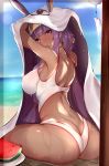  &lt;o&gt;_&lt;o&gt; animal_ears ass back beach blue_sky blurry blurry_background blush breasts butt_crack cloud cloudy_sky commentary_request competition_swimsuit covered_nipples dark_skin day depth_of_field earrings eyebrows_visible_through_hair facepaint facial_mark fate/grand_order fate_(series) food from_behind fruit hair_tubes hand_in_hair hoop_earrings impossible_clothes jackal_ears jewelry large_breasts long_hair looking_at_viewer looking_back medjed nitocris_(fate/grand_order) nitocris_(swimsuit_assassin)_(fate) ocean one-piece_swimsuit open_mouth outdoors purple_eyes purple_hair sherryqq sideboob sitting sky solo swimsuit watermelon wet wet_clothes wet_hair white_swimsuit wooden_floor 