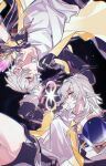  1boy 1girl amphoreus_(honkai:_star_rail) anniversary arm_up artist_name as_i've_written_(honkai:_star_rail) belt black_gloves black_jacket black_skirt black_sky book breasts bright_pupils caelus_(honkai:_star_rail) closed_mouth collarbone cropped_torso dual_persona eyelashes fingerless_gloves fingernails floating_clothes gloves grey_belt grey_hair hair_between_eyes hand_up highres holding holding_quill honkai:_star_rail honkai_(series) hood hooded_jacket jacket lapels long_hair looking_at_viewer medium_breasts miniskirt mobius_strip open_book open_clothes open_jacket outdoors quill rongyuan_gulu shirt short_hair sidelocks skirt sky smile space star_(sky) starry_sky stelle_(honkai:_star_rail) t-shirt tassel teeth thigh_strap trailblazer_(honkai:_star_rail) two-sided_fabric two-sided_jacket upper_body upside-down white_pupils white_shirt yellow_eyes yellow_jacket yin_yang 