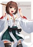  :d blush brown_eyes brown_hair commentary_request cosplay detached_sleeves frilled_skirt frills furutaka_(kantai_collection) green_skirt hair_ornament hairclip headgear hiei_(kantai_collection) hiei_(kantai_collection)_(cosplay) kantai_collection namae_hamada nontraditional_miko open_mouth plaid plaid_skirt ribbon-trimmed_sleeves ribbon_trim short_hair skirt smile solo thighhighs 