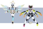  2girls amane_kanata amane_kanata_(1st_costume) arms_at_sides assault_visor bibi_(tokoyami_towa) cable cable_tail claw_pose commentary deevious_deevi detached_wings english_commentary fang floating full_body halo highres hololive joints looking_at_viewer mechanical_hair mechanical_halo mechanical_tail mechanical_wings mechanization metal_skin multiple_girls open_hands open_mouth robot_girl robot_joints simple_background skin_fang smile standing star_halo tail tokoyami_towa tokoyami_towa_(1st_costume) triangle_mouth virtual_youtuber wings 