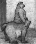 ambiguous_gender anthro bd belly big_belly black_and_white canine dog duo feral fur love_handles male male/ambiguous mammal monochrome nude overweight pencil_(artwork) smile traditional_media_(artwork) watermark whiskers 