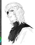  1boy art_program_in_frame badeni chi.:_chikyuu_no_undou_ni_tsuite closed_mouth commentary eyepatch greyscale highres lips male_focus medium_hair monochrome nose scar scar_on_face scar_on_mouth simple_background solo tabard th3kph0enix tonsure white_background 