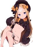  :o abigail_williams_(fate/grand_order) bangs black_bow black_hat black_panties blonde_hair blue_eyes blush bow breasts commentary_request crossed_bandaids fate_(series) gamuo hair_bow hat leg_garter long_hair long_sleeves looking_at_viewer navel orange_bow panties parted_bangs polka_dot polka_dot_bow sitting sleeves_past_wrists small_breasts solo underwear very_long_hair white_background 