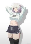  1girl adidas ahoge alternate_costume arms_behind_head arms_up black_shorts black_thighhighs breasts closed_mouth clothes_writing commentary cowboy_shot empty_eyes english_commentary eyelashes fate/grand_order fate_(series) hair_between_eyes highres huge_ahoge jeanne_d'arc_alter_(fate) large_breasts long_sleeves looking_to_the_side midriff navel puffy_long_sleeves puffy_sleeves ribbon shadow shirt short_hair short_shorts shorts simple_background smile solo sportswear standing thighhighs thighs thorn_(kmconceptart) turtleneck turtleneck_shirt white_background white_hair white_ribbon white_shirt yellow_eyes 