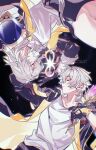  1boy 1girl amphoreus_(honkai:_star_rail) anniversary arm_up artist_name as_i've_written_(honkai:_star_rail) belt black_gloves black_jacket black_skirt black_sky book breasts caelus_(honkai:_star_rail) closed_eyes closed_mouth collarbone cropped_torso dual_persona eyelashes fingerless_gloves fingernails floating_clothes gloves grey_belt grey_hair hair_between_eyes hand_up highres holding holding_quill honkai:_star_rail honkai_(series) hood hooded_jacket jacket lapels long_hair medium_breasts miniskirt mobius_strip open_book open_clothes open_jacket outdoors quill rongyuan_gulu shirt short_hair sidelocks skirt sky space star_(sky) starry_sky stelle_(honkai:_star_rail) t-shirt tassel teeth thigh_strap trailblazer_(honkai:_star_rail) two-sided_fabric two-sided_jacket upper_body upside-down white_shirt yellow_jacket yin_yang 