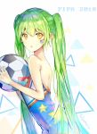  2018_fifa_world_cup backless_dress backless_outfit ball dress eyebrows_visible_through_hair football_(object) from_side green_hair hair_between_eyes hatsune_miku holding holding_ball leaning_forward long_hair looking_at_viewer nmi_(pixiv22137230) open_mouth print_dress simple_background sleeveless sleeveless_dress soccer soccer_ball solo standing star star_print strapless strapless_dress twintails upper_body very_long_hair vocaloid white_background world_cup yellow_eyes 