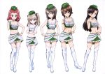  absurdres asymmetrical_bangs bangs black_bow black_hair black_hairband boots bow bracelet breasts brown_eyes brown_hair cleavage collar contrapposto crop_top crossed_arms floating_hair frilled_skirt frills full_body girls_und_panzer green_hat hair_bow hairband hand_on_hip hands_on_hips hat high_heel_boots high_heels highres jewelry light_brown_hair long_hair looking_at_viewer medium_breasts mika_(girls_und_panzer) mini_hat miniskirt multiple_girls navel nishi_kinuyo nishizumi_maho official_art race_queen red_hair rosehip shimada_arisu shiny shiny_hair short_hair side_ponytail simple_background skirt sleeveless smile standing stomach thigh_boots thighhighs very_long_hair white_footwear yoshida_nobuyoshi 
