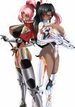  2girls absurdres armor assault_rifle assault_visor back-to-back black_hair breasts capelet cleavage closed_mouth commentary curtained_hair dark-skinned_female dark_skin detached_collar detached_sleeves english_commentary feet_out_of_frame floating_hair gun high_ponytail highleg highres holding holding_gun holding_sword holding_weapon ingrid_(taimanin_murasaki) large_breasts leotard looking_at_viewer mamerui mask mirabell_bell mouth_mask multiple_girls parted_bangs pink_hair plunging_neckline ponytail red_capelet rifle simple_background sword taimanin_(series) taimanin_rpgx toned toned_female weapon white_background white_leotard 