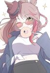  1girl absurdres animal_ears arnolddayo black_skirt blue_jacket breasts brown_hair commentary_request crop_top donut ears_through_headwear fedora food forever_young_(umamusume) green_eyes hat highres horse_ears horse_girl jacket large_breasts long_hair looking_at_viewer mouth_hold multicolored_hair one_eye_closed open_clothes open_jacket purple-tinted_eyewear red-tinted_eyewear red_streaks shirt skirt solo streaked_hair sunglasses tied_shirt tinted_eyewear umamusume white_shirt white_streaks 