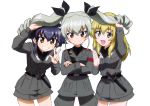  :d absurdres anchovy anzio_military_uniform armband belt black_bow black_shirt blonde_hair blue_hair blush bow braid brown_eyes carpaccio cowboy_shot crossed_arms dress_shirt drill_hair eyebrows_visible_through_hair girl_sandwich girls_und_panzer green_eyes grey_jacket grey_pants grey_skirt grin hair_between_eyes hair_bow highres holding_another's_hair jacket leaning_forward long_hair looking_at_viewer military military_uniform miniskirt multiple_girls official_art open_mouth pants pepperoni_(girls_und_panzer) red_eyes sandwiched shiny shiny_hair shirt short_hair_with_long_locks sidelocks silver_hair simple_background single_braid skirt smile standing twin_drills twintails uniform w white_background yoshida_nobuyoshi 