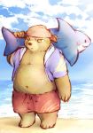  2018 anthro beach bear belly brown_fur clothing dagger_(sdorica_sunset) fur male mammal overweight overweight_male sdorica_sunset seaside shorts solo water 