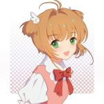  :d bow bowtie brown_hair cardcaptor_sakura duximeng eyebrows_visible_through_hair green_eyes kinomoto_sakura looking_at_viewer open_mouth red_bow shiny shiny_hair shirt short_hair_with_long_locks short_sleeves short_twintails sidelocks smile solo twintails upper_body white_background white_shirt 