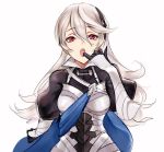  armor blue_cape cape commentary ei1han female_my_unit_(fire_emblem_if) finger_in_mouth fire_emblem fire_emblem_if hairband long_hair mamkute my_unit_(fire_emblem_if) open_mouth red_eyes simple_background solo upper_body white_background white_hair 