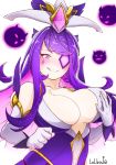  1girl bare_shoulders blush breasts center_opening cleavage collarbone elbow_gloves eyepatch gloves hand_on_breast large_breasts league_of_legends lolboja magical_girl pink_hair purple_eyes purple_hair smile solo star_guardian_syndra syndra white_gloves 