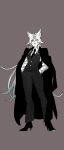  1girl alternate_costume animal_ear_fluff animal_ear_piercing animal_ears aqua_eyes ayunyan_pere black_coat black_necktie black_pants black_shoes black_vest boots brown_background coat coat_on_shoulders colored_skin dress_shirt eyeshadow feixiao_(honkai:_star_rail) forehead_jewel formal_clothes fox_ears fox_girl full_body hands_in_pockets high_heel_boots high_heels highres honkai:_star_rail honkai_(series) long_sleeves looking_at_viewer looking_down makeup necktie pant_suit pants parted_bangs red_eyeshadow red_lips scowl shirt shoes simple_background solo standing suit vest white_shirt white_skin 