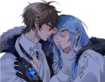  2boys absurdres adam's_apple antenna_hair black_gloves blue_eyes blue_gem blue_hair blush brown_eyes brown_hair collared_shirt edmond_(nu_carnival) eiden_(nu_carnival) face-to-face fur_shawl gem gloves grey_gloves hair_between_eyes hair_down hand_on_another's_chest hand_on_another's_neck highres jacket long_hair looking_at_another male_focus multiple_boys nose_blush nu_417 nu_carnival official_alternate_costume parted_lips pectoral_cleavage pectorals raised_inner_eyebrows shade shawl shirt short_hair simple_background white_background white_jacket white_shirt yaoi 