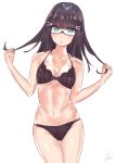  10s 1girl artist_name bespectacled bikini black_bikini black_hair blush breasts cleavage eyebrows_visible_through_hair eyes_visible_through_hair glasses green_eyes hair_ornament hairclip hime_cut kaya_(yoshina9) kurosawa_dia large_breasts long_hair looking_at_viewer love_live! love_live!_sunshine!! navel signature simple_background solo standing swimsuit touching_hair white_background 