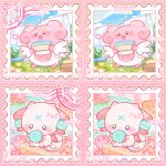  1other axolotl bai_gui_hua_zi blissey chibi chibi_only chibikemo clothesline commission eating flower food furry holding macaron mihuashi_commission original outdoors pink_theme pokemon pokemon_(creature) postage_stamp postage_stamp_(medium) sitting too_many_watermarks watermark yume_kawaii 