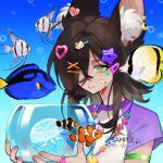  1girl angelfish animal_ears bandaid bandaid_on_face bead_necklace beads blurry bokeh brown_hair butterflyfish cameo clownfish decora depth_of_field fish fishbowl frutiger_aero gradient_background green_eyes hair_ornament hair_over_one_eye heart heart_hair_ornament hello_kitty hello_kitty_(character) highres holding jellyfish jewelry long_hair necklace original portrait raglan_sleeves regal_blue_tang sanrio solo star_(symbol) star_hair_ornament tropical_fish wei_wei_fankun 