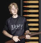  1boy adam's_apple ammunition bare_arms black_background black_eyes black_shirt blonde_hair bracelet bright_pupils calvin_gabriel closed_mouth clothes_writing commentary english_commentary english_text facing_viewer fingernails foreshortening gun highres holding holding_gun holding_weapon jewelry jodioirl lips looking_to_the_side male_focus multiple_bracelets nose nostrils pink_pupils realistic scar self-harm_scar shirt short_hair short_sleeves shotgun sideways_glance simple_background slit_pupils smile solo standing straight-on t-shirt thick_eyebrows two-handed upper_body weapon zero_day_(movie) 