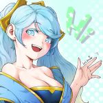  blue_eyes blue_hair blush breasts cleavage collarbone large_breasts league_of_legends lolboja long_hair open_mouth sona_buvelle 