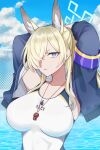  1girl animal_ear_fluff animal_ears aprilscomeagain armband blonde_hair blue_archive blue_eyes blue_halo breasts closed_mouth commentary_request competition_swimsuit dog_ears dog_girl extra_ears frown hair_over_one_eye halo highres kanna_(blue_archive) kanna_(swimsuit)_(blue_archive) looking_at_viewer notched_ear official_alternate_costume one-piece_swimsuit purple_armband solo swimsuit upper_body whistle whistle_around_neck white_one-piece_swimsuit 