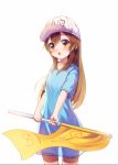  blue_dress brown_eyes brown_hair commentary dress flag hat hataraku_saibou highres long_hair open_mouth platelet_(hataraku_saibou) roon see-through_silhouette simple_background solo translated white_background 