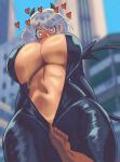  1boy 1girl 1other absurdres assisted_exposure black_bodysuit black_horns black_tail blurry blurry_background blush bodysuit breasts building city commentary curvy dark_skin demon demon_girl demon_horns demon_tail from_below heart heart-shaped_pupils helltaker hetero highres horns huge_breasts large_breasts looking_down lueduar medium_hair modeus_(helltaker) navel no_bra open_bodysuit open_clothes outdoors pov pov_hands red_eyes short_hair sky solo_focus sweat symbol-shaped_pupils tail thick_thighs thighs undressing undressing_another unzipped unzipping white_hair 