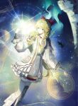  1girl blue_background bow coat dutch_angle feet_out_of_frame glowing grey_skirt hair_bow hair_ornament hand_up highres kiperina knee_pads long_hair long_sleeves looking_at_hand looking_to_the_side official_alternate_costume pehnut_. puffy_long_sleeves puffy_sleeves red_bow reverse:1999 shirt single_knee_pad skirt solo standing star_(sky) starry_sky_background turning_head white_coat white_shirt 
